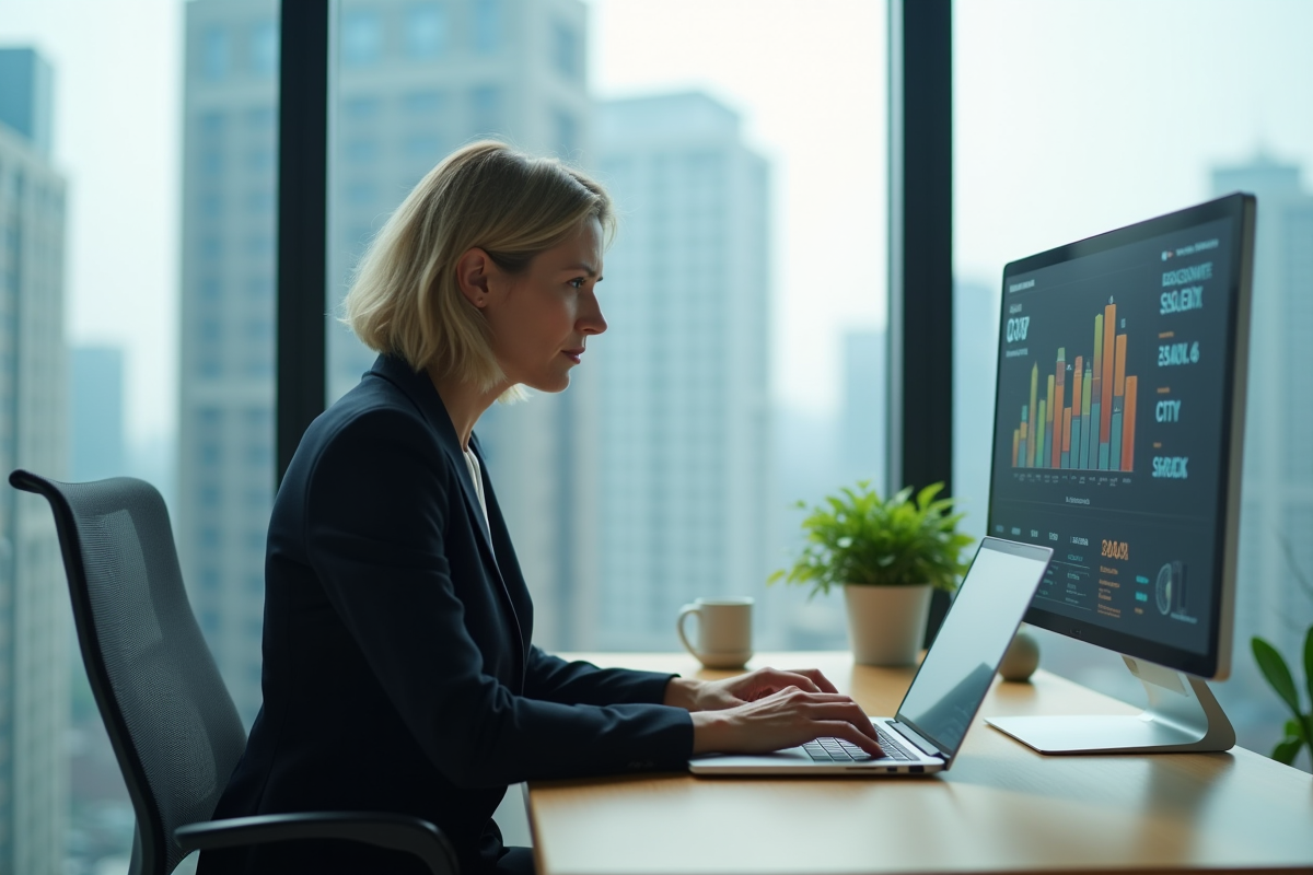 Femme d affaires travaillant sur un ordinateur dans un bureau urbain