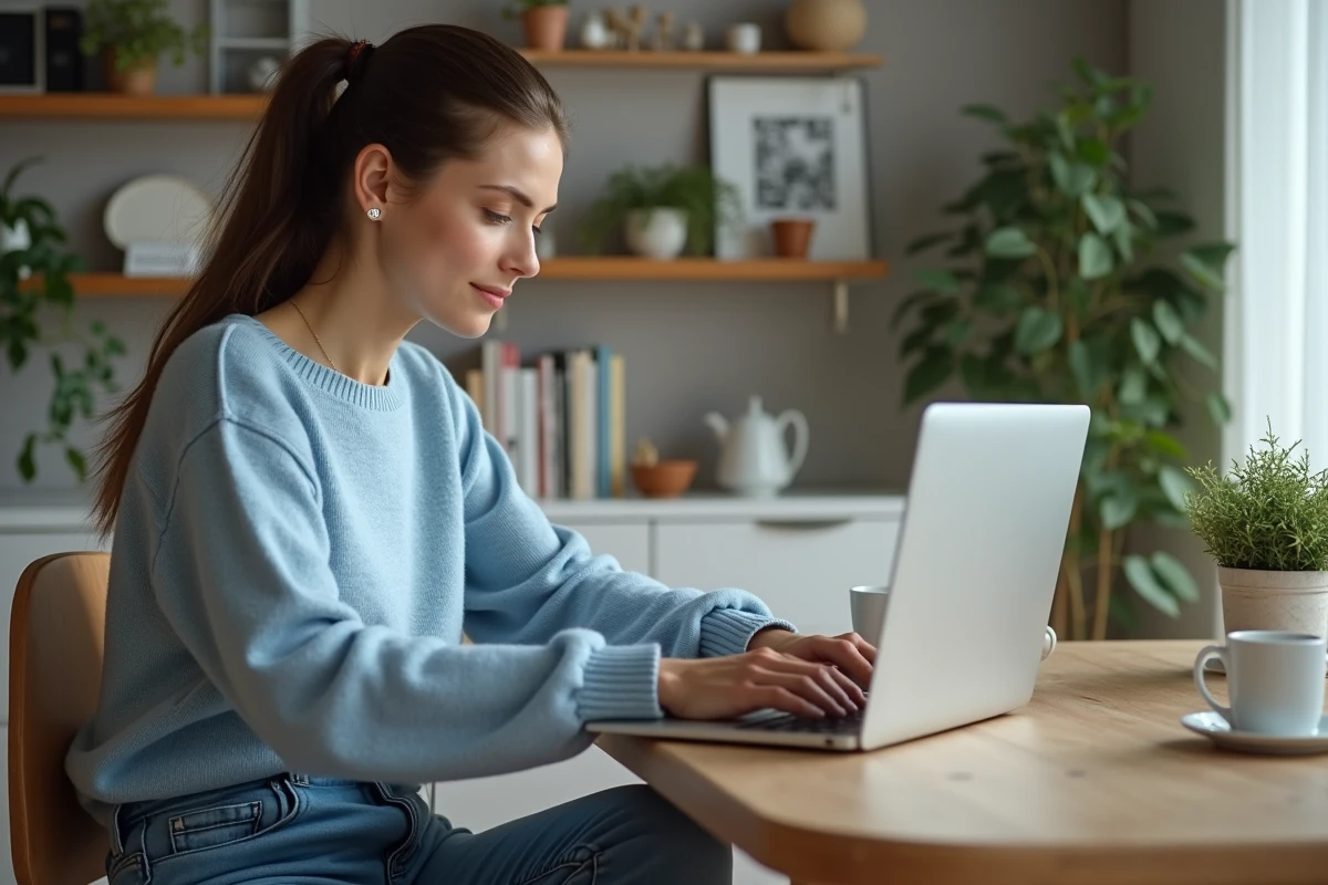 Femme assise à une table en bois travaillant sur son ordinateur