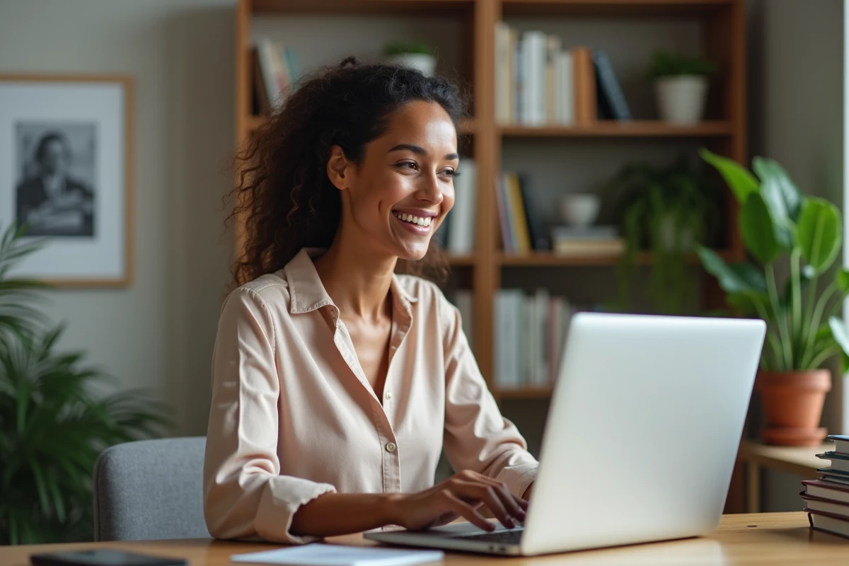 Femme en bureau moderne utilisant un ordinateur portable