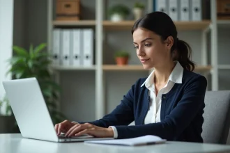 Femme en blouse blanche travaillant sur un ordinateur au bureau