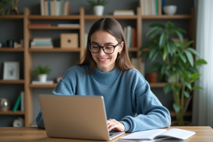 Jeune femme au bureau avec ordinateur portable et livres