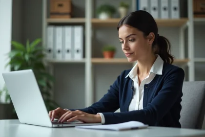 Femme en blouse blanche travaillant sur un ordinateur au bureau