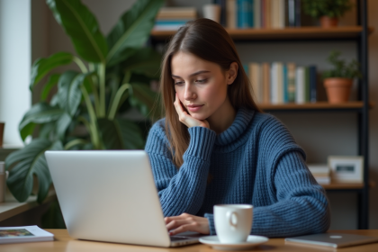 Jeune femme travaillant sur un ordinateur dans un bureau cosy