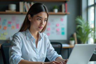 Jeune femme au bureau travaillant sur son ordinateur