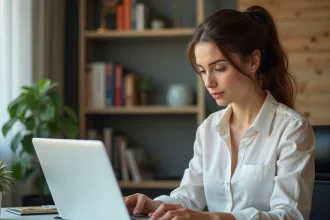 Femme en bureau moderne regardant un fichier Excel