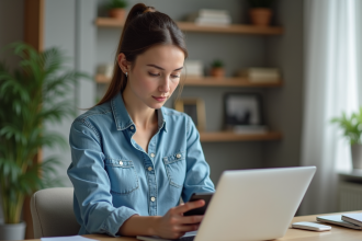 Jeune femme au bureau compare stockage cloud sur ordinateur