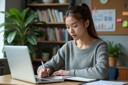 Jeune femme au bureau en train de prendre des notes