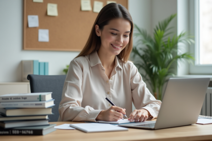 Femme concentrée prenant des notes dans un bureau moderne