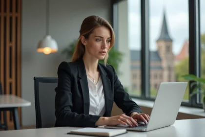 Femme professionnelle au bureau avec vue sur Strasbourg