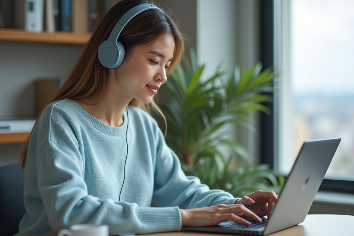 Femme avec casque écoute ordinateur dans un bureau lumineux