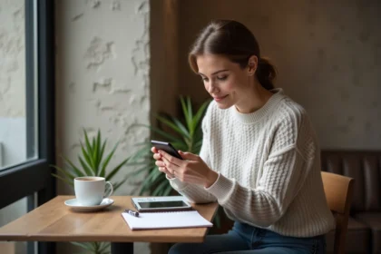 Femme assise au café utilisant son smartphone pour configurer un email
