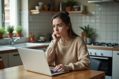 Jeune femme pensant devant son ordinateur à la maison