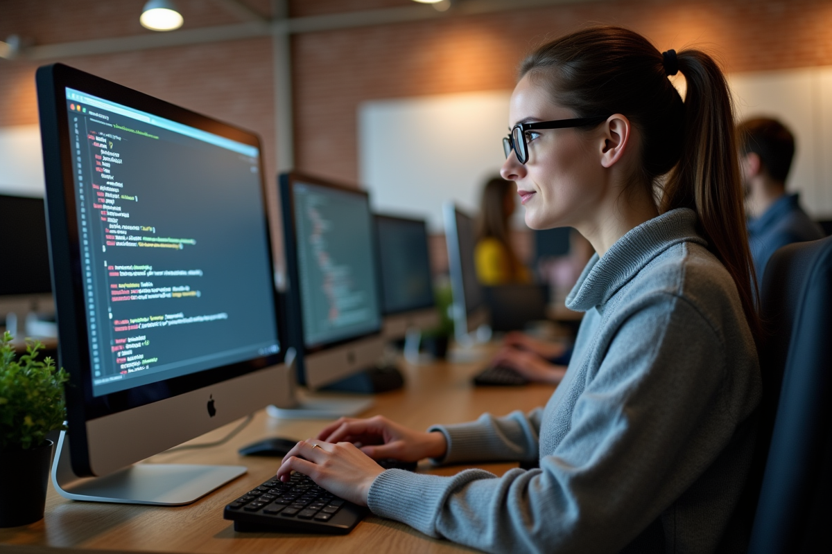 Femme en train de coder dans un espace de travail partagé