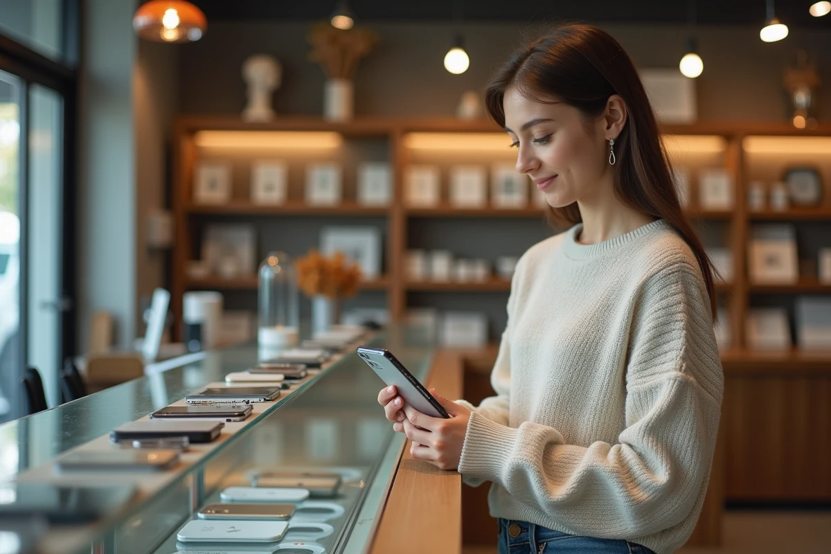 Jeune femme comparant deux smartphones reconditionnes en magasin