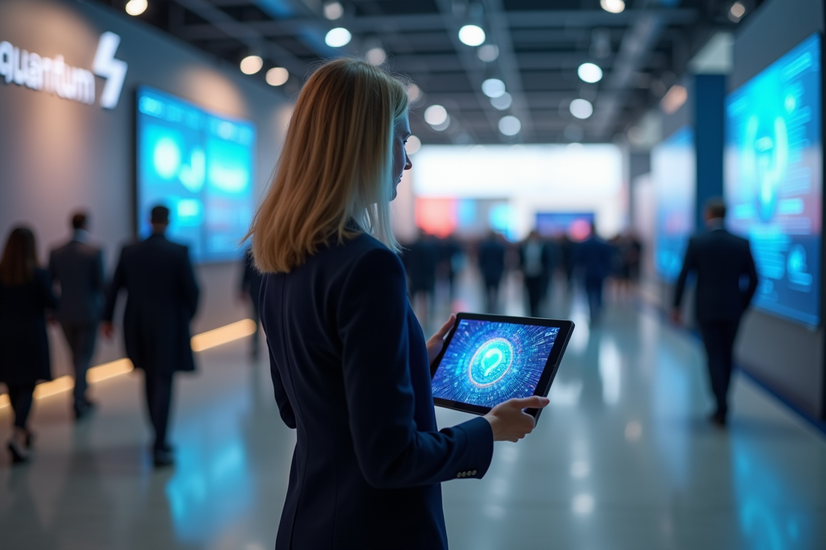 Femme d affaires marchant avec une tablette lors d une conference sur la quantique