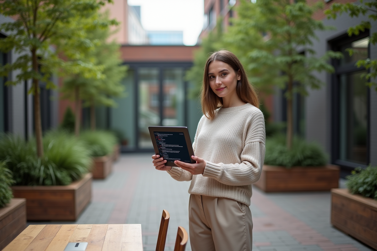 Femme avec tablette affichant des commandes kubectl en extérieur