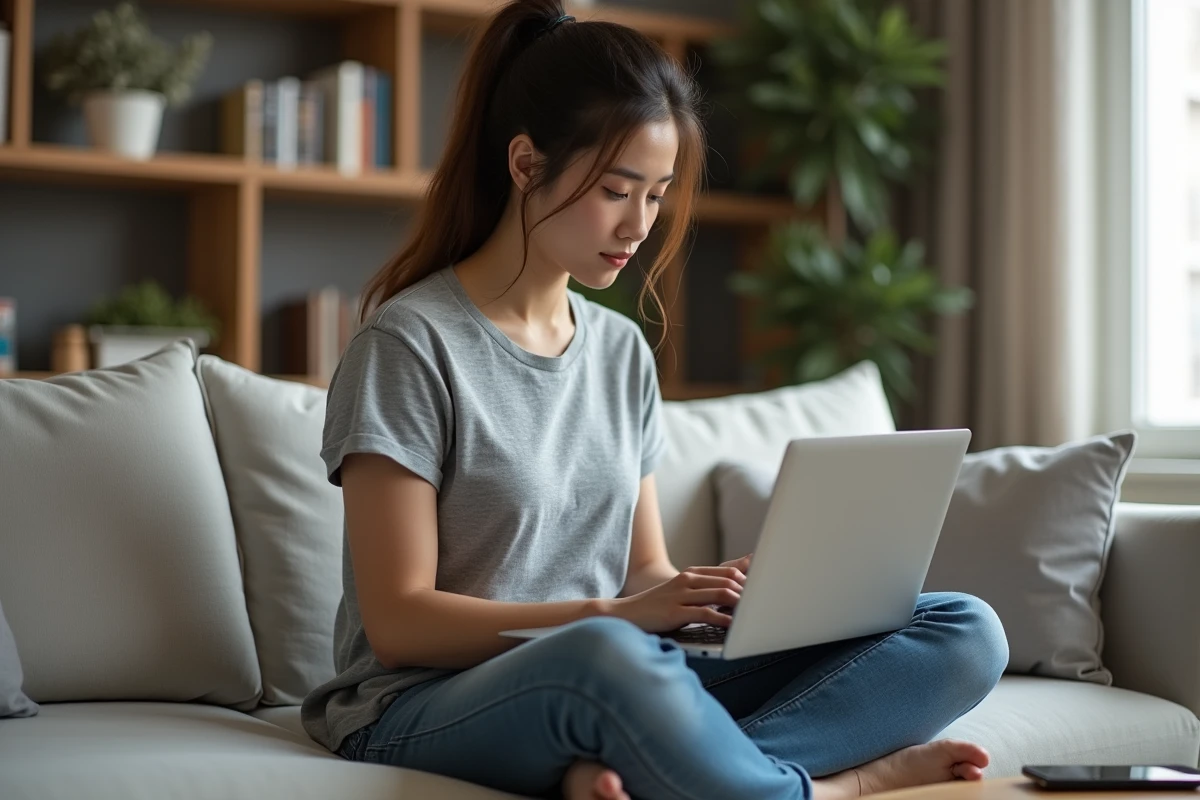 Femme consultant un forum de dépannage sur laptop pour résoudre un crash de jeu en vidant le cache