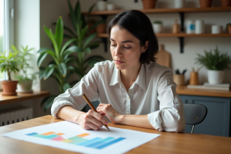 Femme dessinant un graphique coloré à la maison