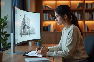 Femme en train de dessiner sur une tablette numérique dans un bureau moderne