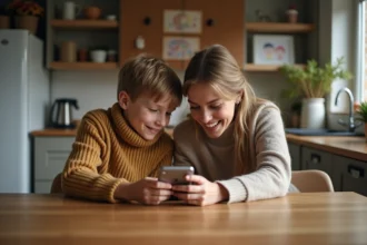 Femme et garçon regardant un téléphone à la maison