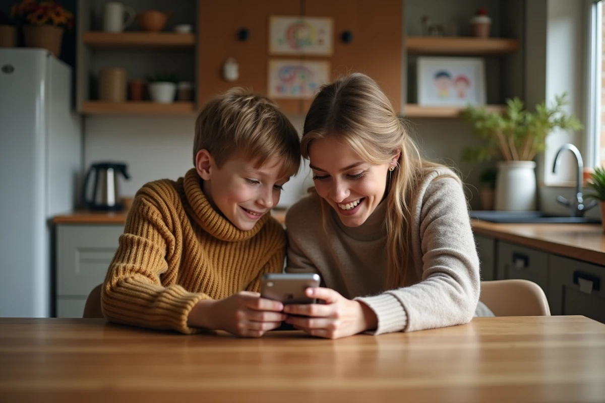 Femme et garçon regardant un téléphone à la maison