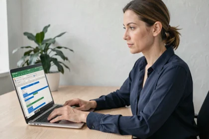 Femme utilisant la fonction TRANSPOSE dans Excel pour inverser un tableau de données sur un ordinateur portable