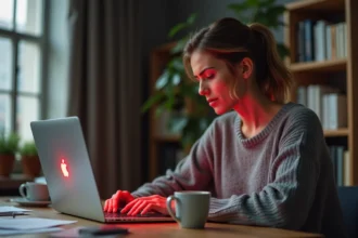 Femme frustrée devant un message d'erreur de connexion sur un ordinateur portable à son bureau à domicile