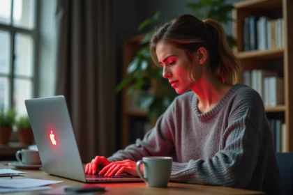 Femme frustrée devant un message d'erreur de connexion sur un ordinateur portable à son bureau à domicile