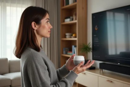 Femme utilisant un Google Nest Mini pour contrôler un Chromecast connecté à une télévision dans un salon moderne