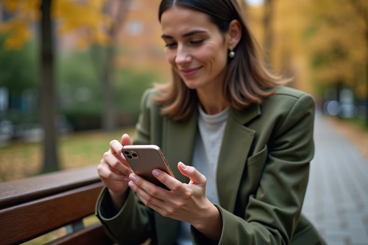 Femme utilisant un iPhone compact d'une seule main en extérieur dans un parc urbain en automne