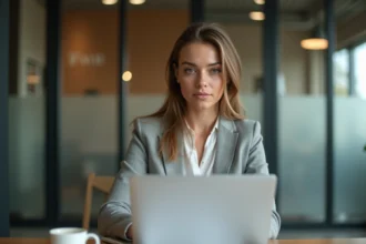 Femme marketeur tapant une annonce Google Ads sur un MacBook dans un bureau moderne, comptant les caractères de son texte publicitaire