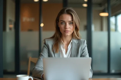 Femme marketeur tapant une annonce Google Ads sur un MacBook dans un bureau moderne, comptant les caractères de son texte publicitaire