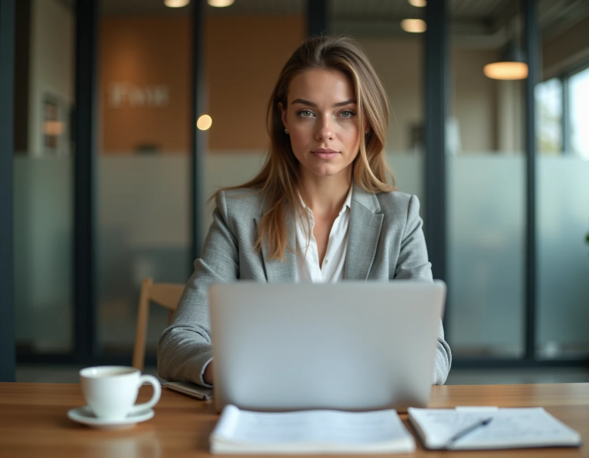 Femme marketeur tapant une annonce Google Ads sur un MacBook dans un bureau moderne, comptant les caractères de son texte publicitaire