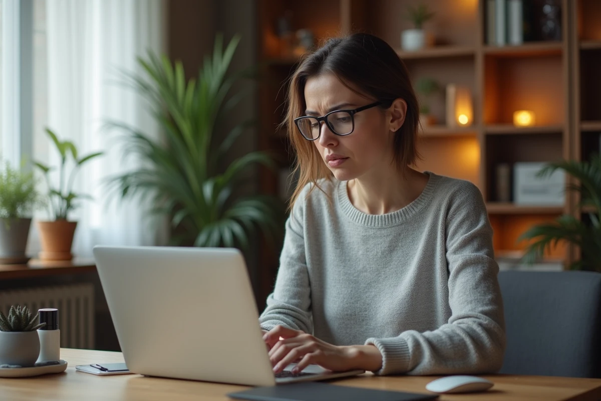 Femme utilisant sa messagerie AOL Mail sur un ordinateur portable pour ouvrir des pièces jointes volumineuses