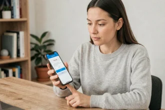 Femme consultant la mise à jour iOS 18.4.1 sur son iPhone posé sur un bureau en bois