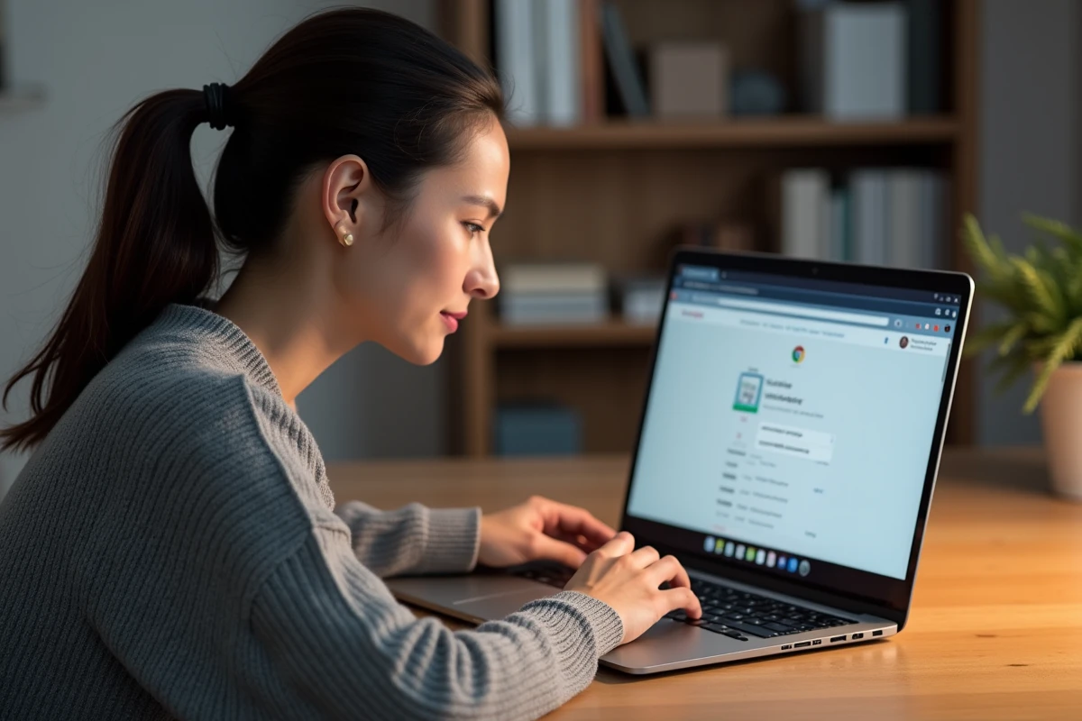 Femme consultant les mots de passe enregistrés dans Google Chrome sur un ordinateur portable