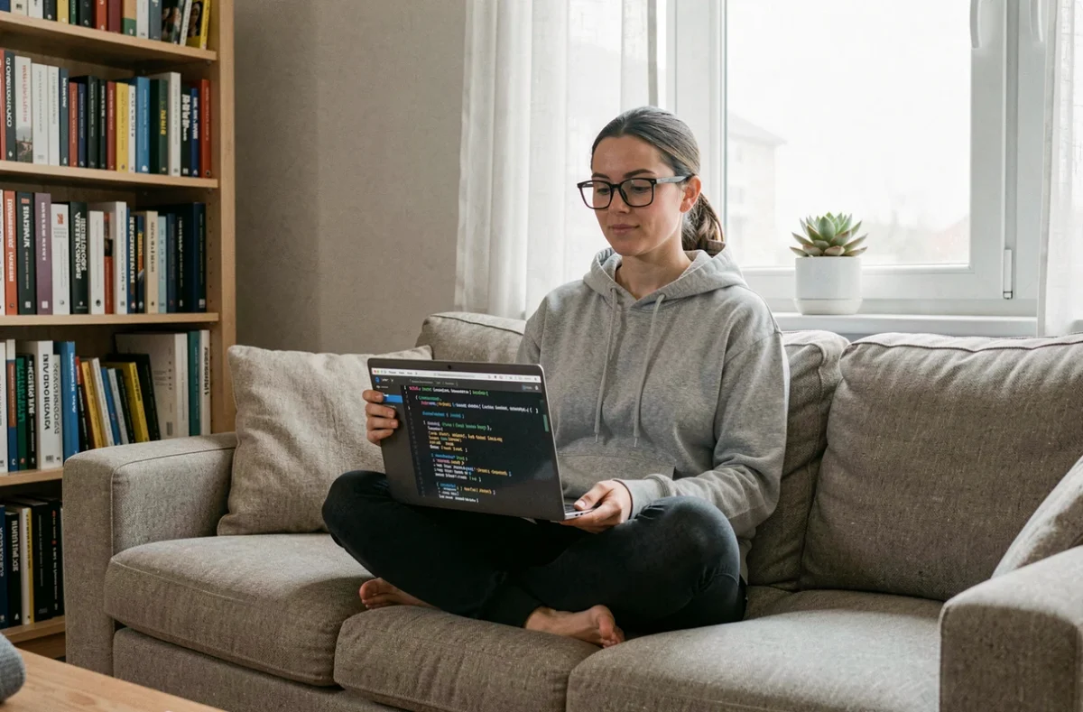 Femme utilisant un terminal Linux sur un laptop pour optimiser et stabiliser son système d'exploitation à domicile
