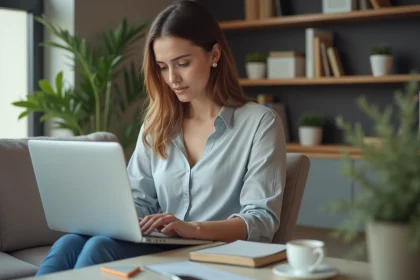 Jeune femme créant un compte en ligne à domicile