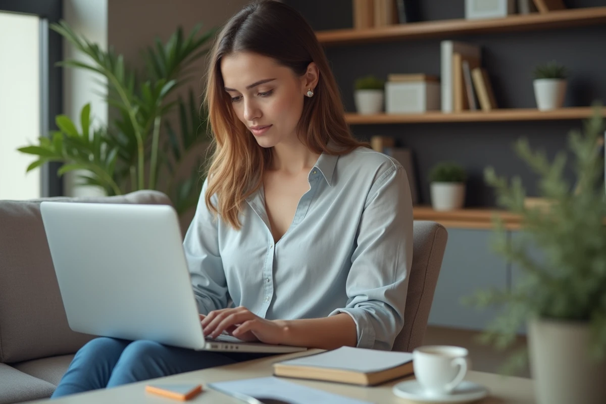Jeune femme créant un compte en ligne à domicile