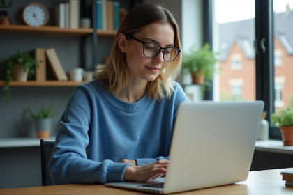 Jeune femme concentrée sur son ordinateur en home office