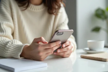 Femme aux petites mains tenant un iPhone compact posé sur un bureau minimaliste