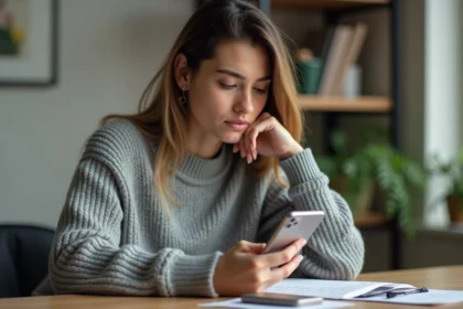 Femme tenant un iPhone affichant une page de précommande, assise dans un bureau à domicile moderne