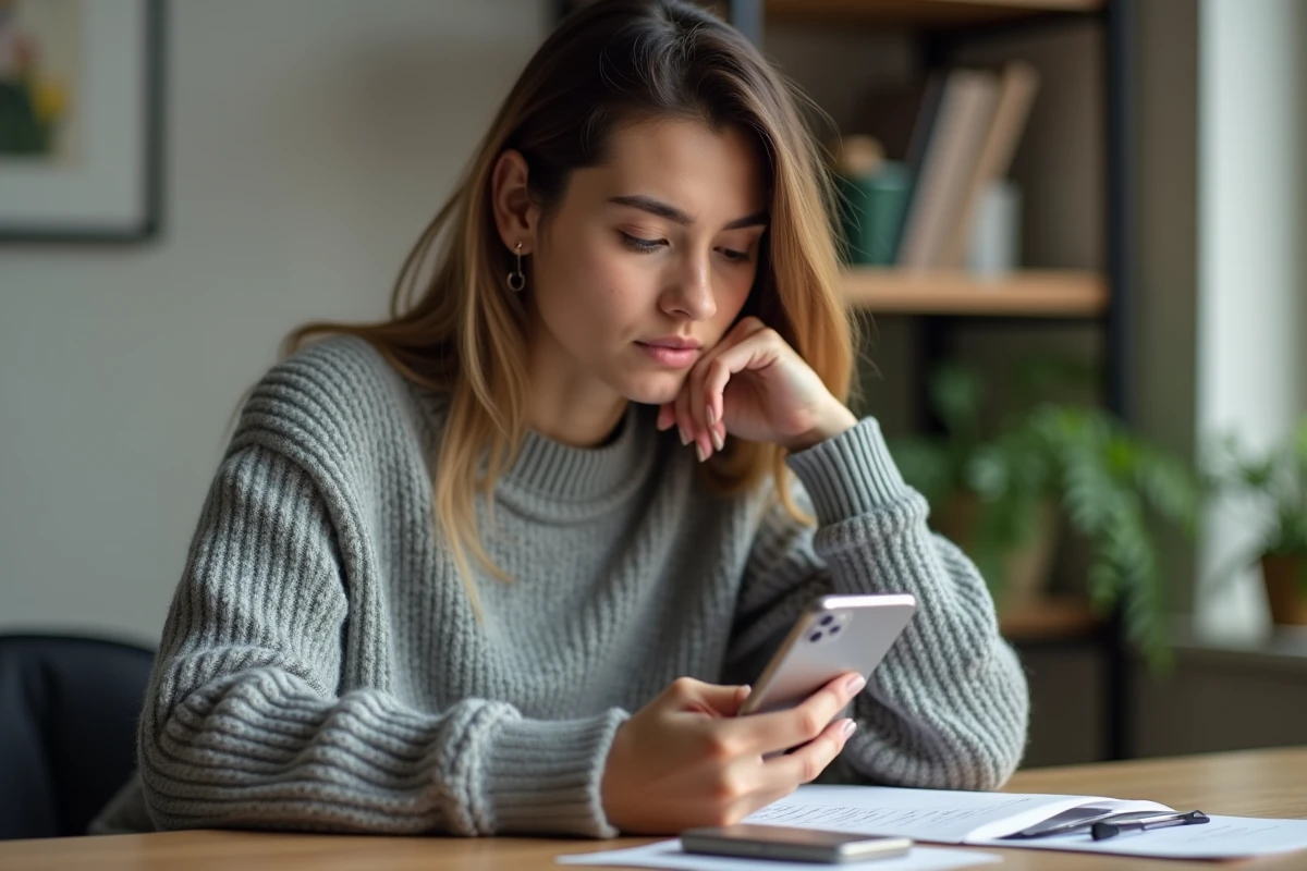 Femme tenant un iPhone affichant une page de précommande, assise dans un bureau à domicile moderne