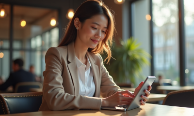 Jeune femme professionnelle utilisant un smartphone au café