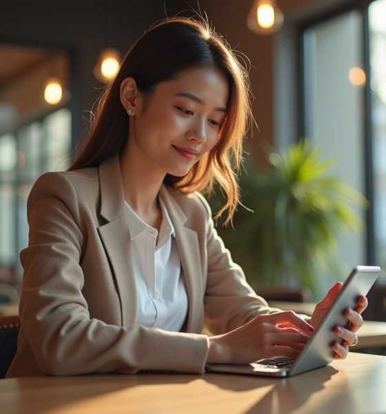 Jeune femme professionnelle utilisant un smartphone au café