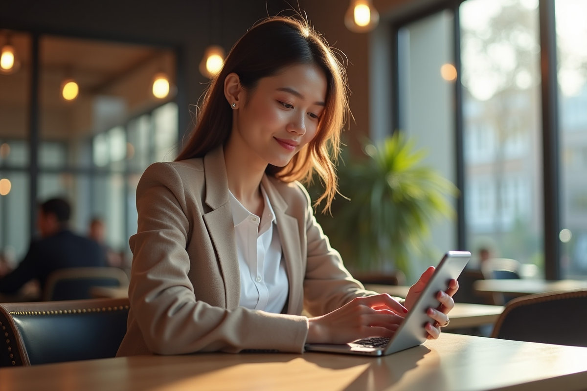 Jeune femme professionnelle utilisant un smartphone au café