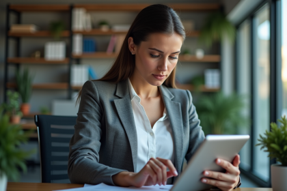 Femme d'affaires avec tablette dans un bureau moderne