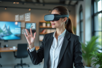 Jeune femme en tenue d'affaires utilisant la réalité augmentée