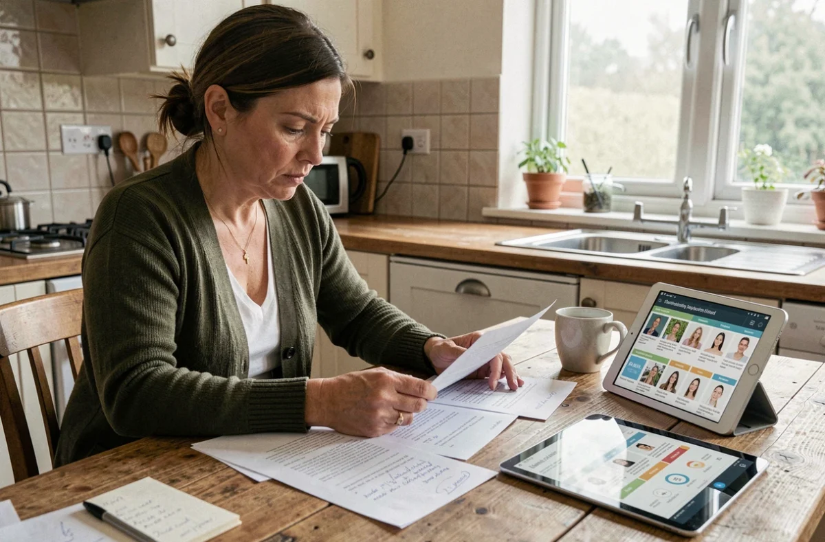 Femme étudiant des documents comparatifs sur les abonnements beauté dont Glamho à la table de cuisine