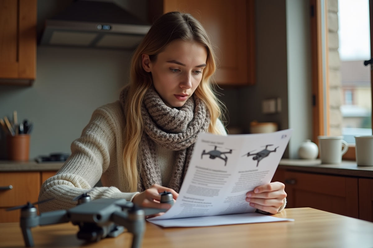 Jeune femme lisant un règlement de drone dans la cuisine